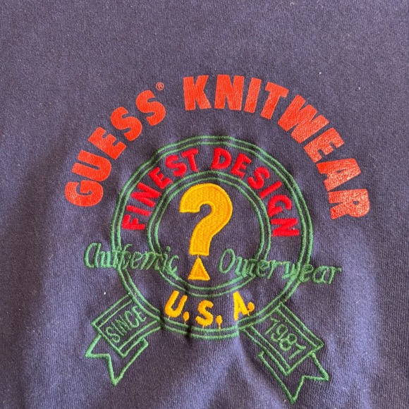 VINTAGE GUESS KNITWEAR SWEATSHIRT MEN'S ONE SIZE NAVY BLUE QUESTION MARK LOGO - Picture 2 of 8
